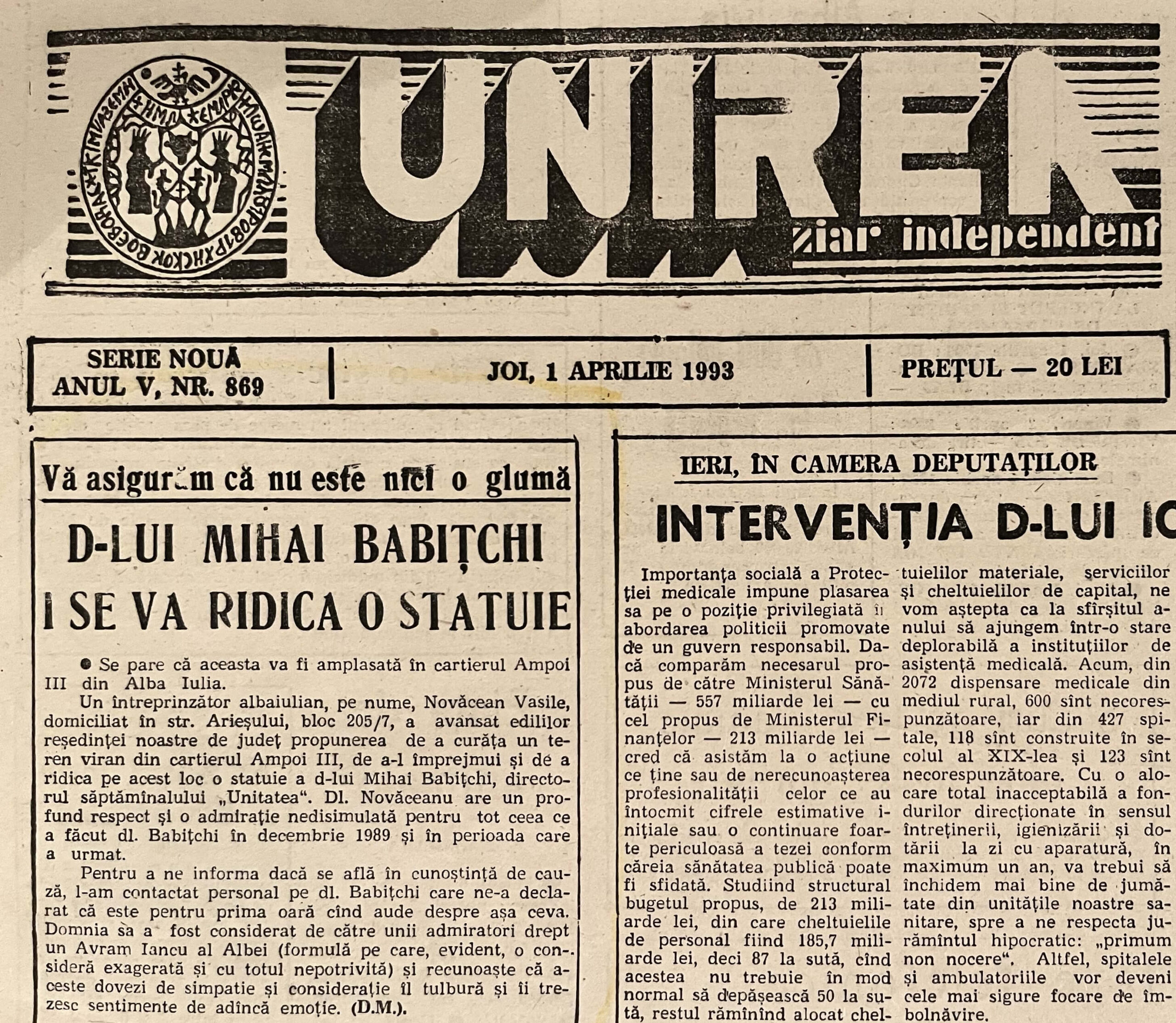 Informația că inițiatorului și conducătorului Revoluției din Alba i se va ridica o statuie - Anexa 4